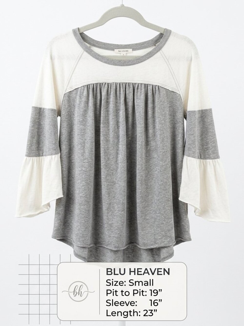 Blu Heaven Babydoll Top Small Gray Ivory Colorblock Tiered Bell Sleeve Mixed Med